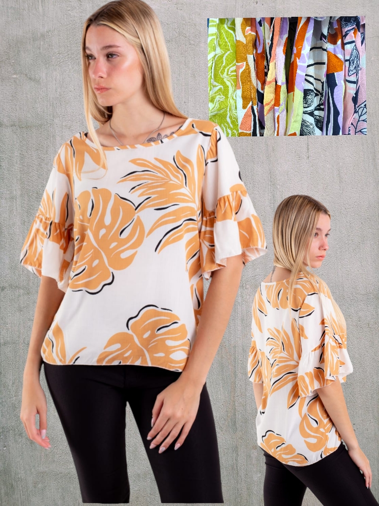 Remera Dama Lino Estampada con volado T2 al T8