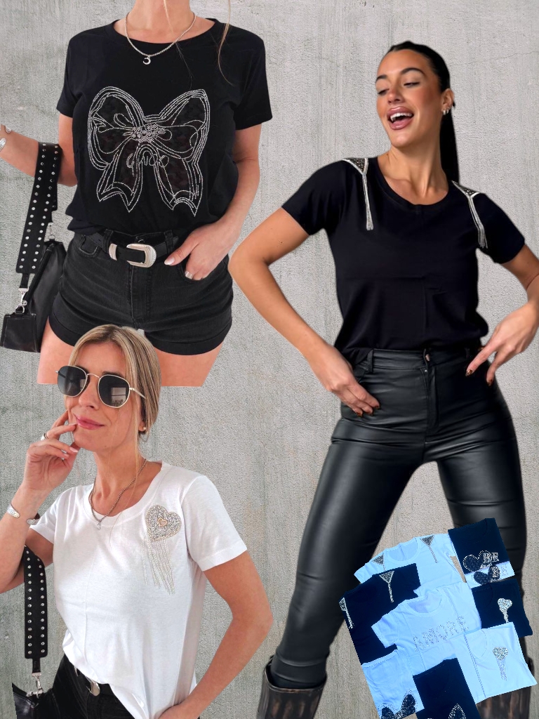 Remera Dama M/C Algodon IMPORT con Aplique T.U aprox 3/4